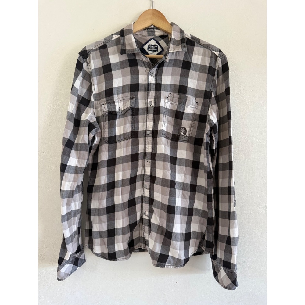 Diesel Mens Plaid Flannel Shirt Black White Grey Quilted Elbow Patches XL